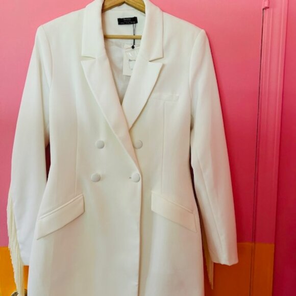 Bershka double-breasted blazer dress with fringe in white - US L - Picture 1 of 7